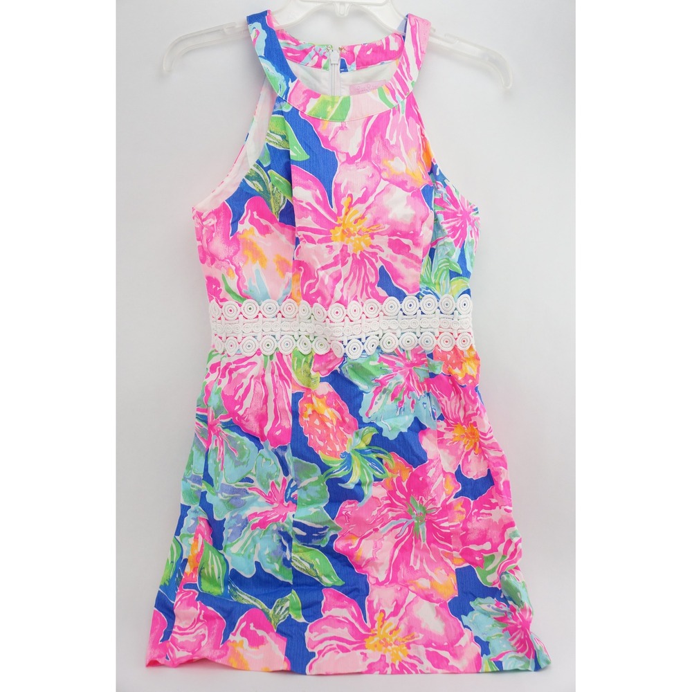 Lilly Pulitzer Women's Size 6 Halter Mini Floral Print Dress White Lace Trim